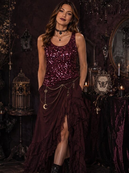 APT. 9 Plum Sequin Tank Top Tops - Plum Sequin Tank Top | XL | Whimsigoth Glam Party Top